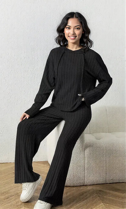 Ribbed Drawstring Hoodie and Pants Set
