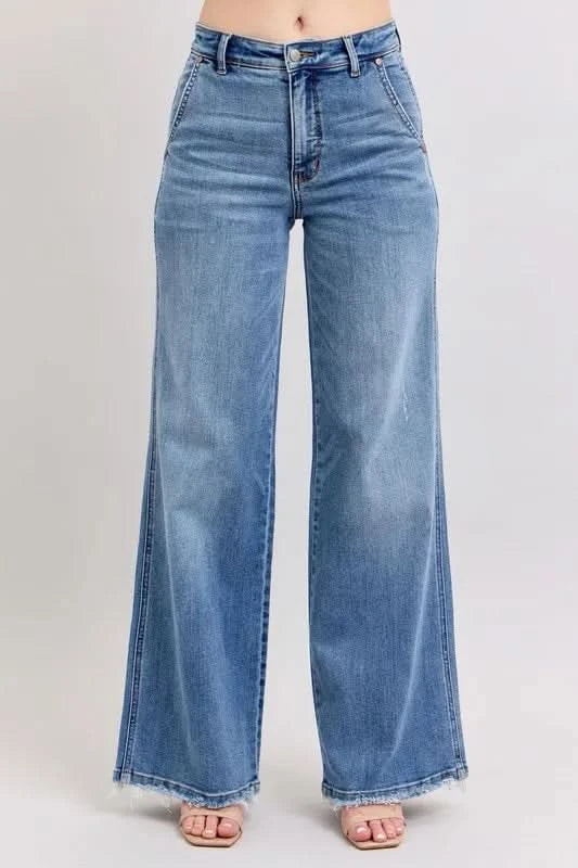 Judy Blue Raw Hem Wide Leg Jeans MD