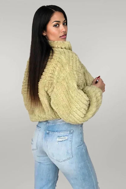 Long Sleeve Zip Up High Collar Cropped Fleece Jacket