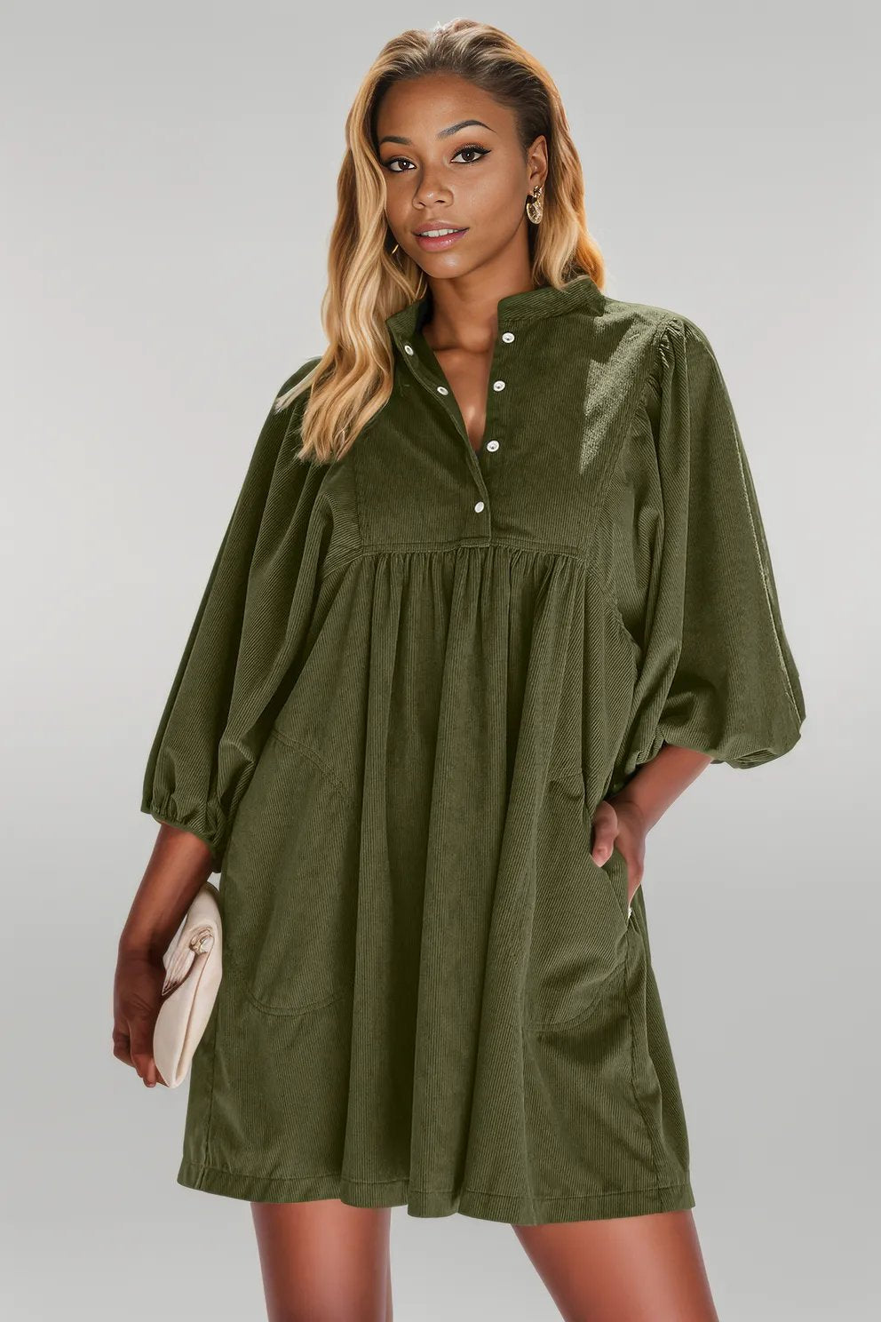 Vineyard Green Corduroy Snap Buttons Empire Waist Bracelet Sleeve Dress - Dresses/Mini Dresses - Dear - Lover