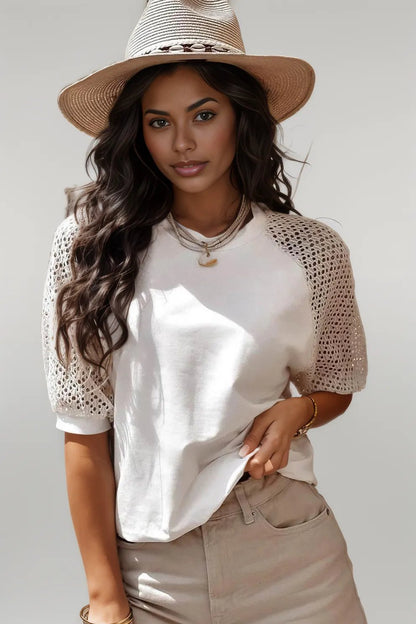 White Pointelle Lace Half Sleeve Crew Neck Tee White 95%Cotton+5%Elastane