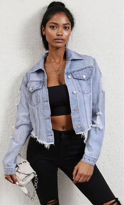 Distressed Raw Hem Button Up Denim Jacket Misty Blue