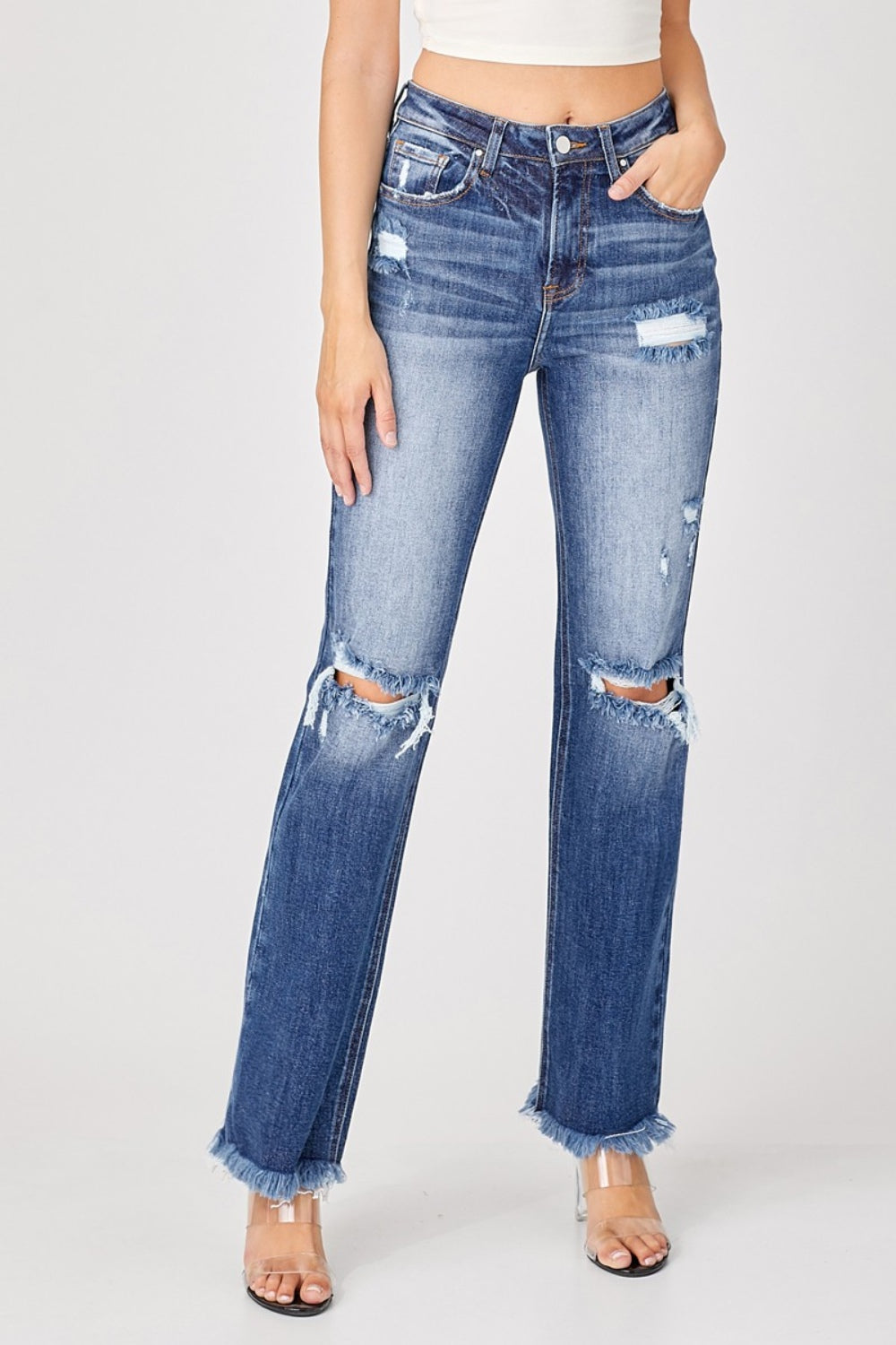 Risen Full Size Raw Hem Distressed Straight Jeans - Jeans - Trendsi