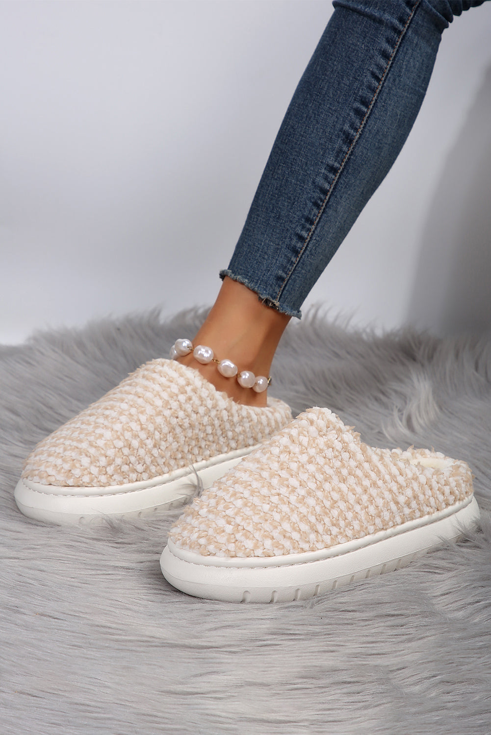 Pale Khaki Two-tone Knitted Warm Homewear Slippers-Shoes & Bags/Slippers-HTO Apparel-Dear-Lover