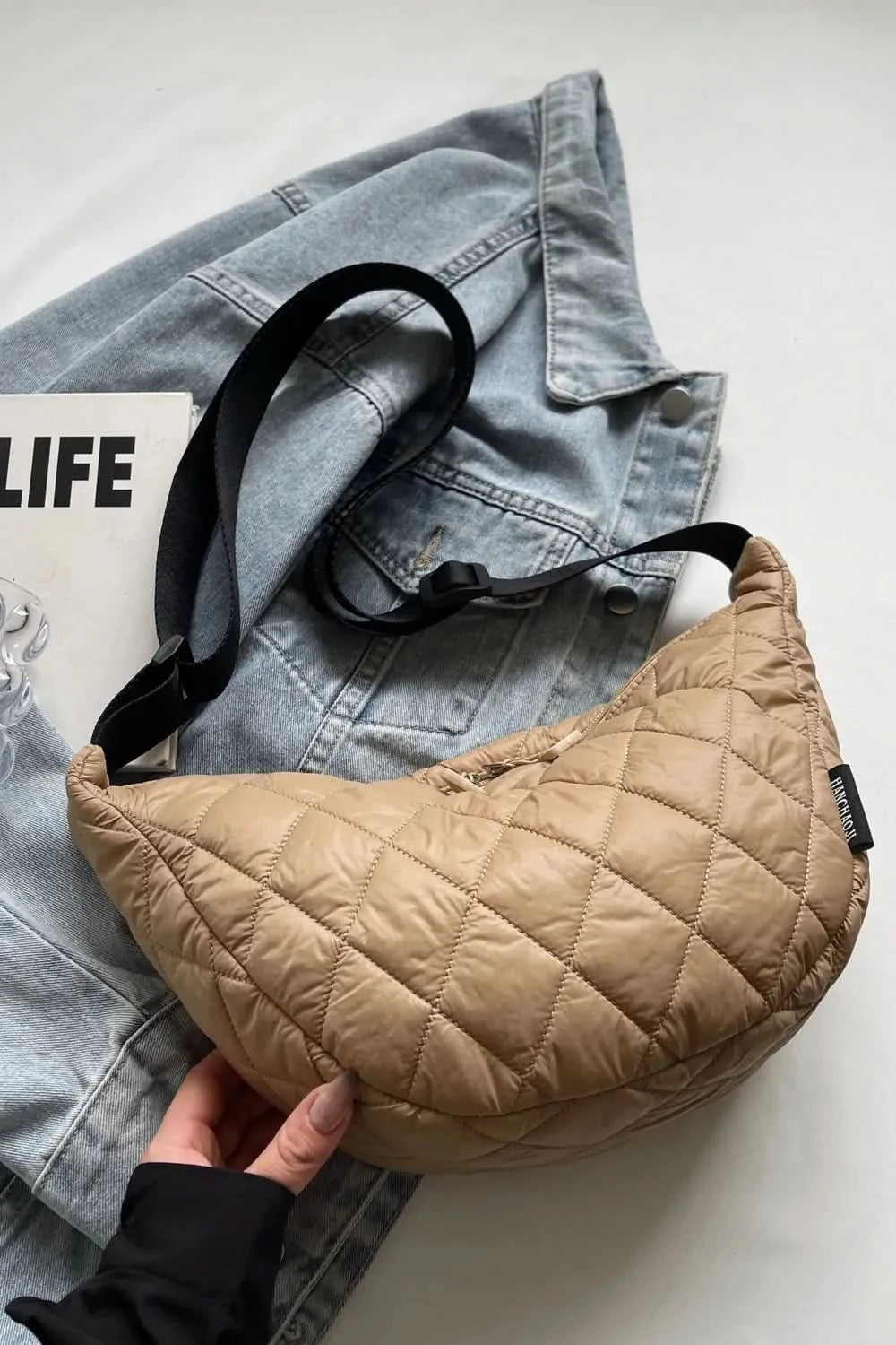 Quilted Adjustable Strap Crossbody Bag Tan One Size