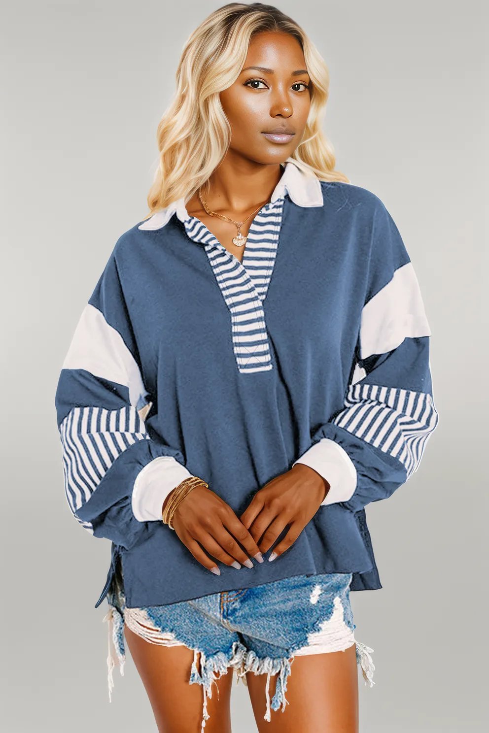 Black Striped Colorblock Patchwork Collar Sweatshirt