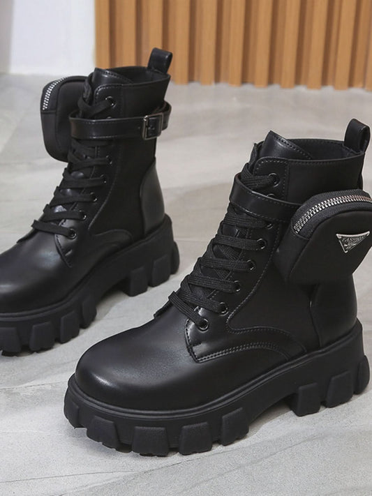 Lace Up PU Leather Platform Boots Black