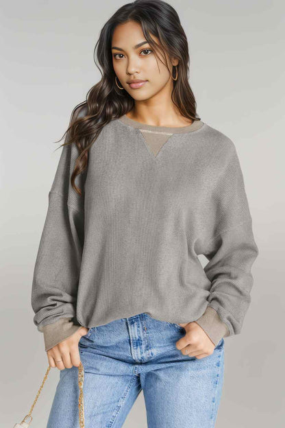 Waffle-Knit Long Sleeve Sweatshirt