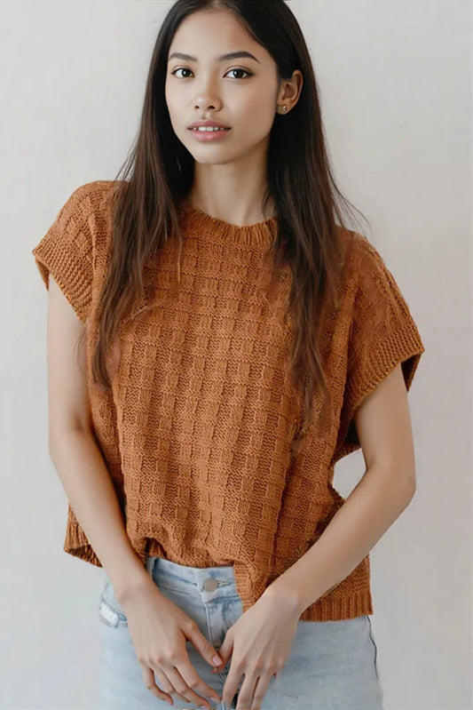 Textured Pattern Round Neck Sweater Vest Caramel