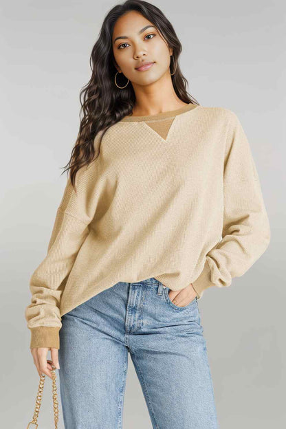 Waffle-Knit Long Sleeve Sweatshirt