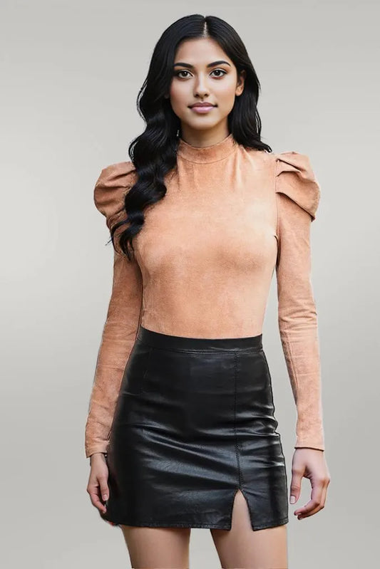 Mock Neck Puff Sleeve Bodysuit Apricot