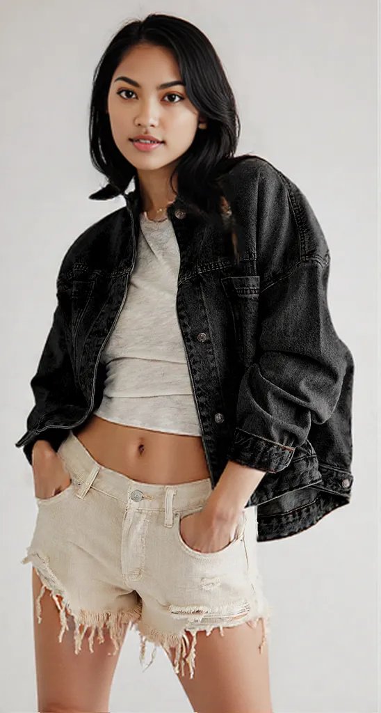 Person wearing a black denim jacket, gray crop top, and beige shorts on a white background