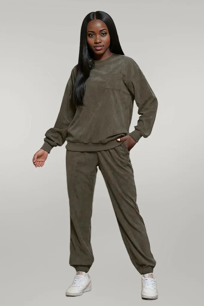 Corduroy Round Neck Sweatshirt and Sweatpants Set Army Green