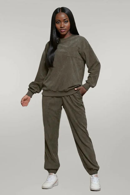 Corduroy Round Neck Sweatshirt and Sweatpants Set Army Green