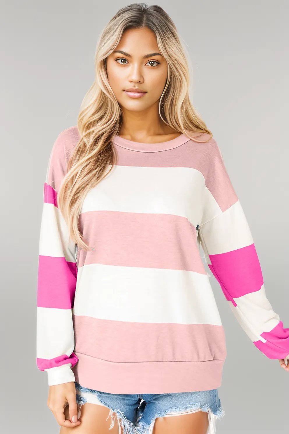 Light Blue Colorblock Striped Drop Shoulder Long Sleeve Top