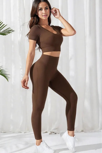 V-Neck Crop Top and High Waistband Long Active Pants