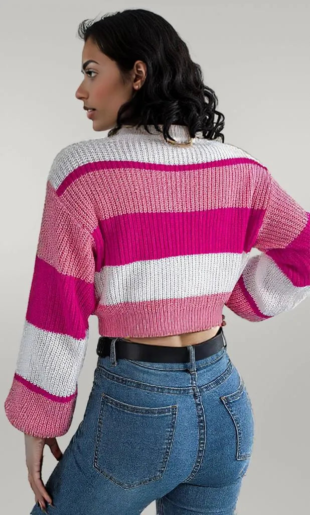 Color Block Round Neck Cropped Sweater