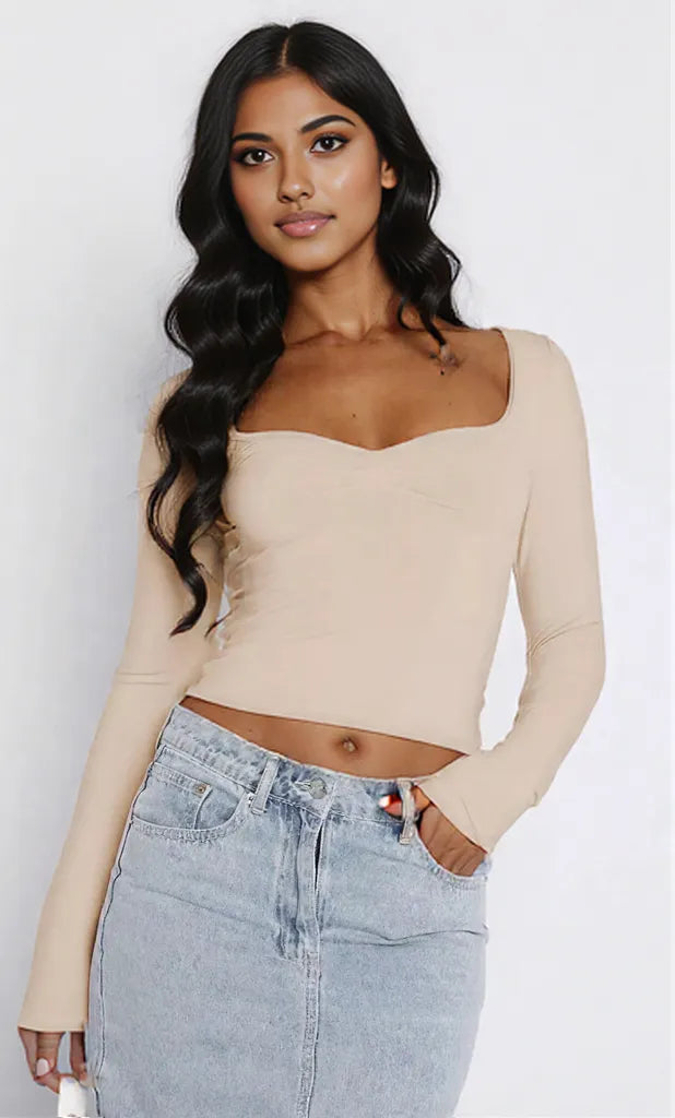 Long Sleeve Sweetheart Neck Crop T-Shirt