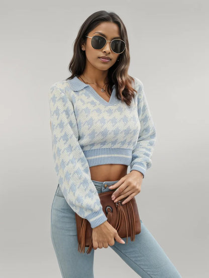 Houndstooth Johnny Collar Cropped Sweater