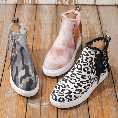 Lace-Up Round Toe Canvas Boots with Side Zip