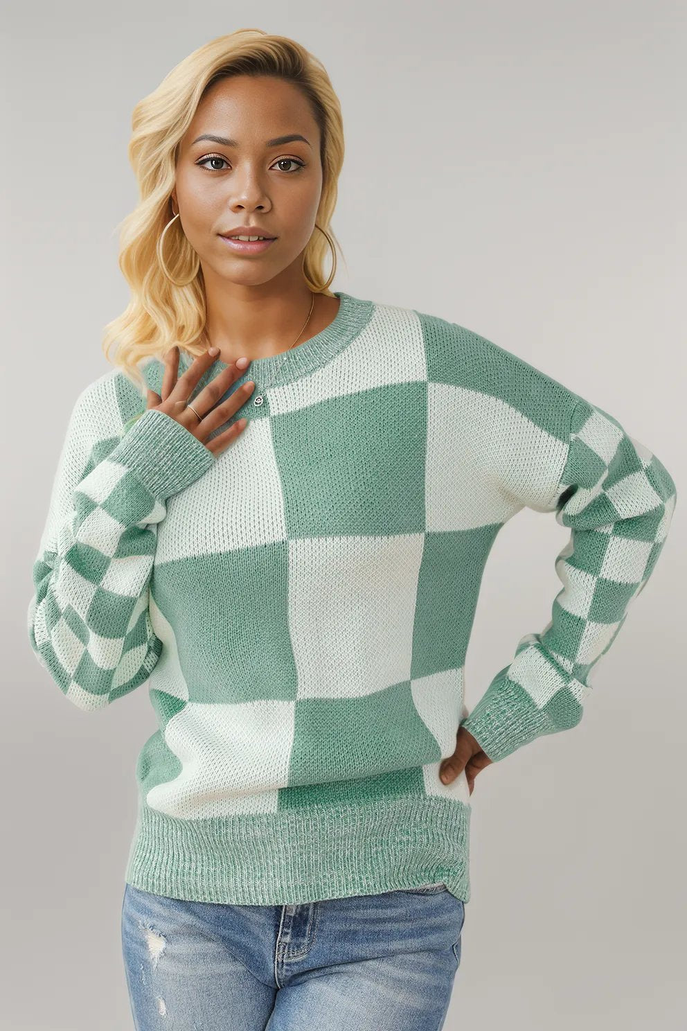 Checkered Drop Shoulder Long Sleeve Sweater