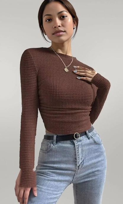 Waffle Knit Long Sleeve T-Shirt Brown