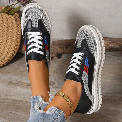 Rhinestone Lace Up Round Toe Platform Sneakers Black