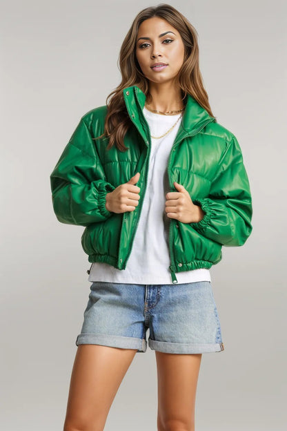 J.NNA Turtleneck Snap and Zipper Closure Crop Puff Jacket Green