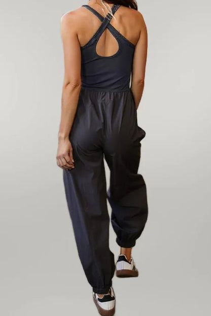 Carbon Grey Back Crossed Straps Hollow Out Jogger Jumpsuit