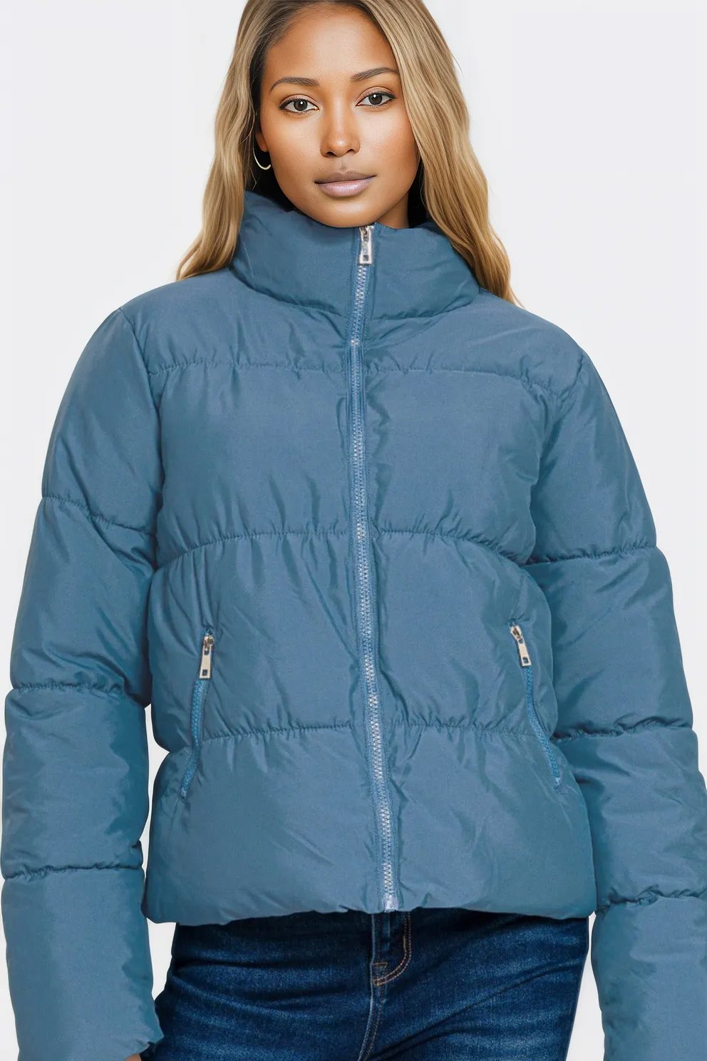 Zenana Zip Up Turtleneck Puffer Jacket with Pockets