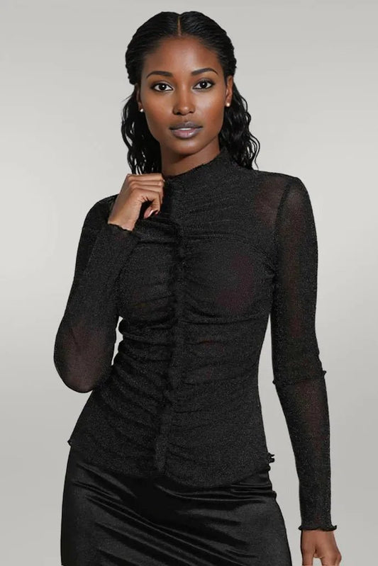 Ruched Mock Neck Long Sleeve Top Black