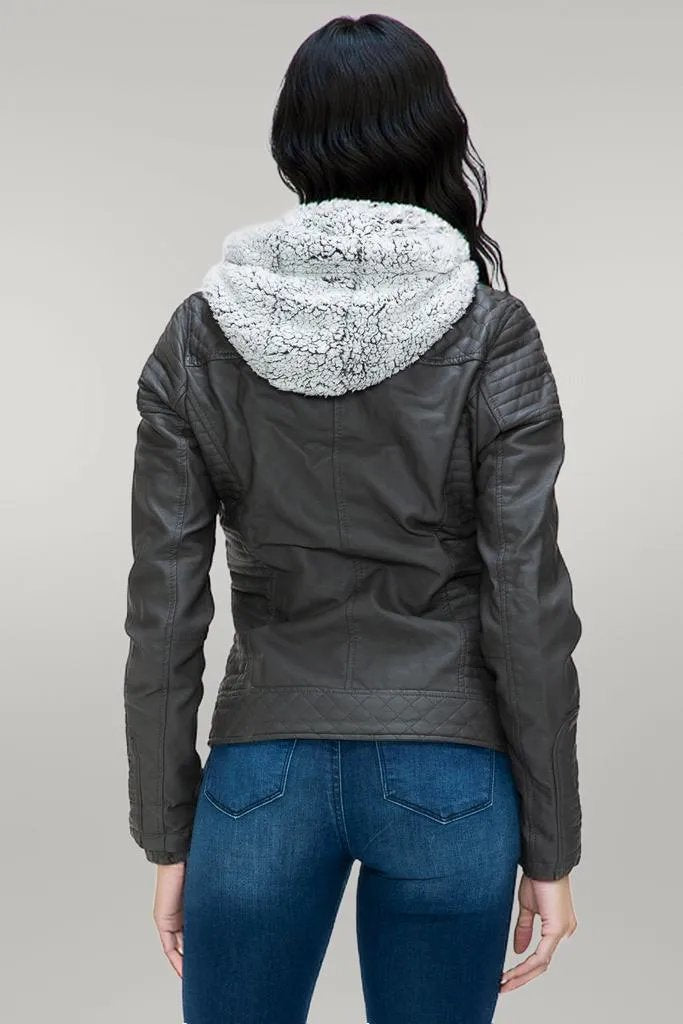YMI Faux Layered Double-Zipper Jacket with Fuzzy Hood