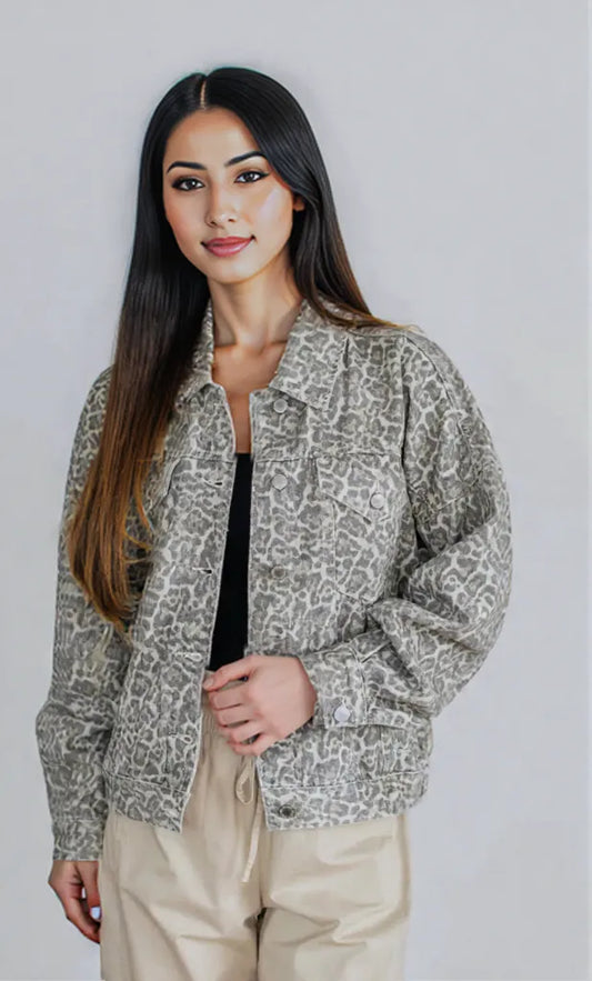 Leopard Button Up Denim Jacket Gray