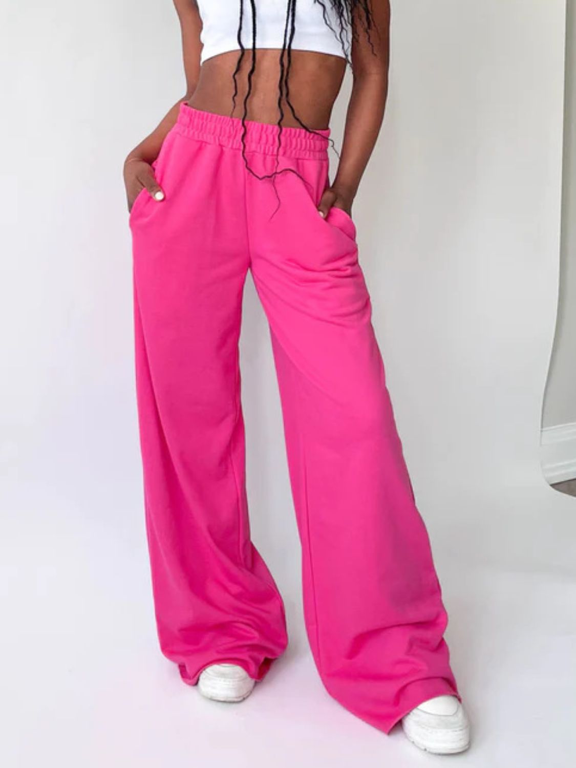 Elastic Waist Wide Leg Pants Hot Pink