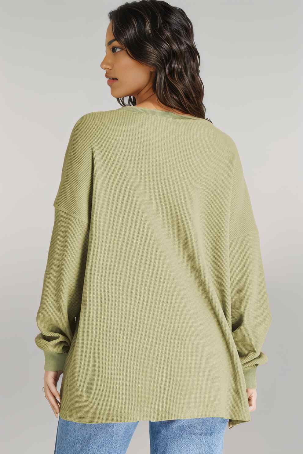 Waffle-Knit Long Sleeve Sweatshirt