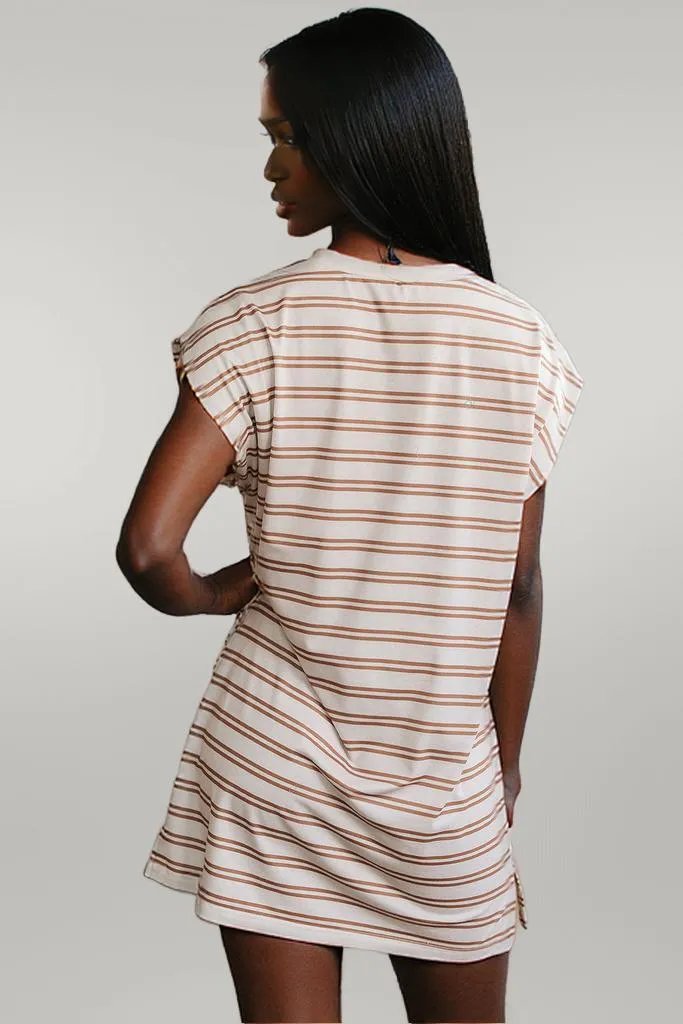 Khaki Stripe Round Neck Sleeveless Casual Pocketed Mini Dress