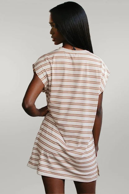 Khaki Stripe Round Neck Sleeveless Casual Pocketed Mini Dress