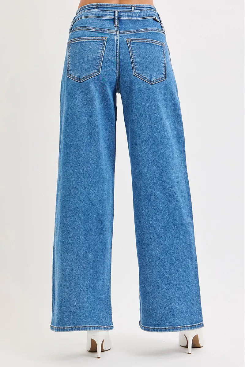 RISEN Full Size Mid Rise Fit Wide Leg with Pleated Detail Jeans Plus Size MEDIUM
