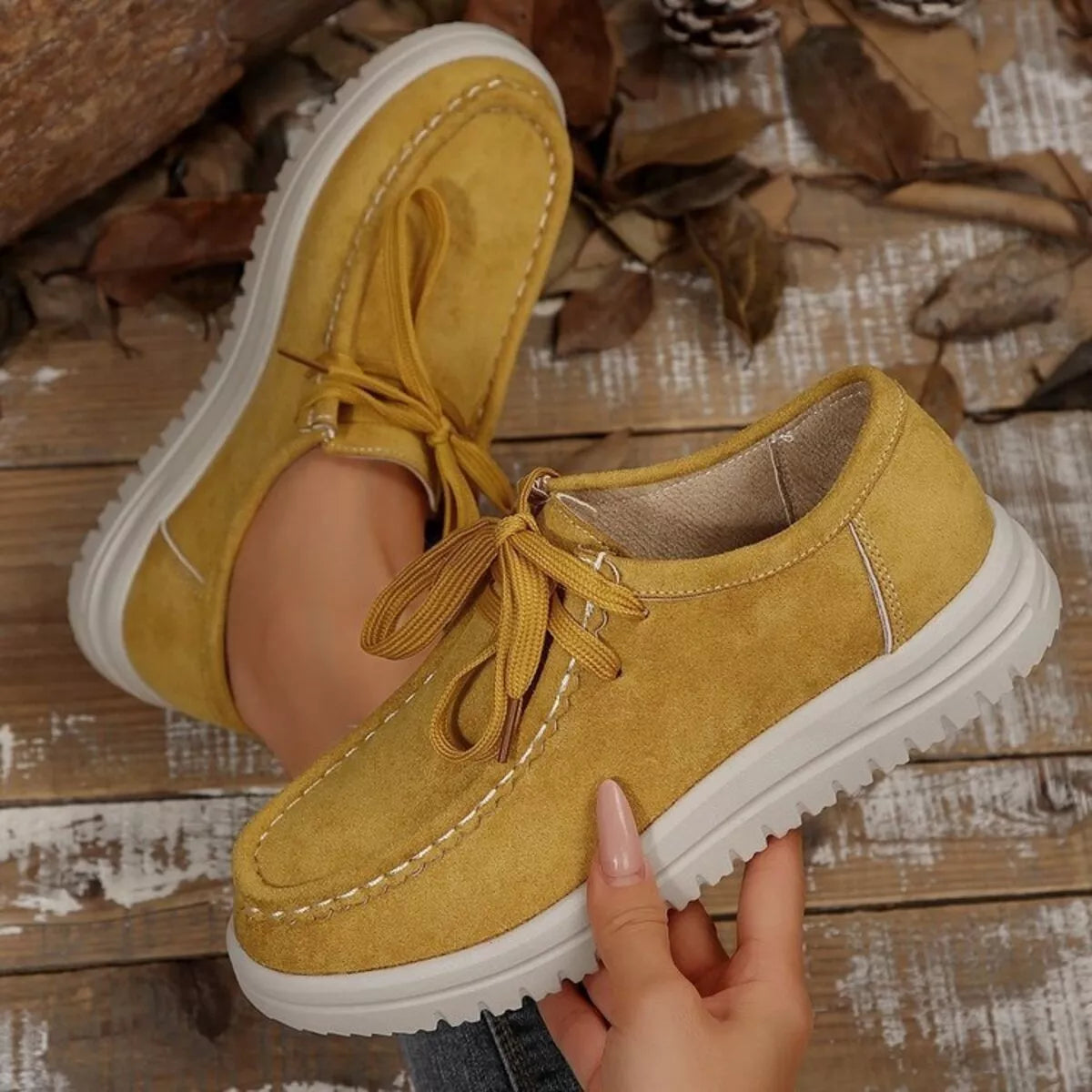 Lace Up Round Toe Loafers Yellow