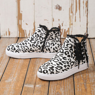 Lace-Up Round Toe Canvas Boots with Side Zip Leopard