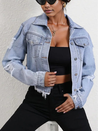 Distressed Raw Hem Button Up Denim Jacket