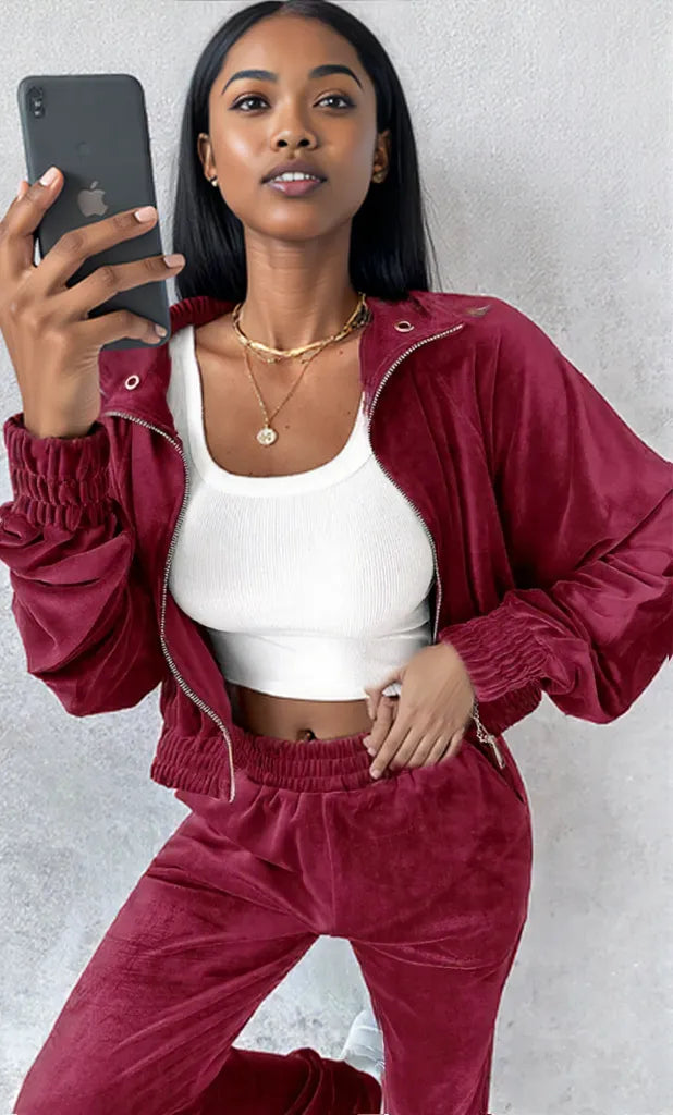 Zip Up Long Sleeve Cropped Top and Joggers Set