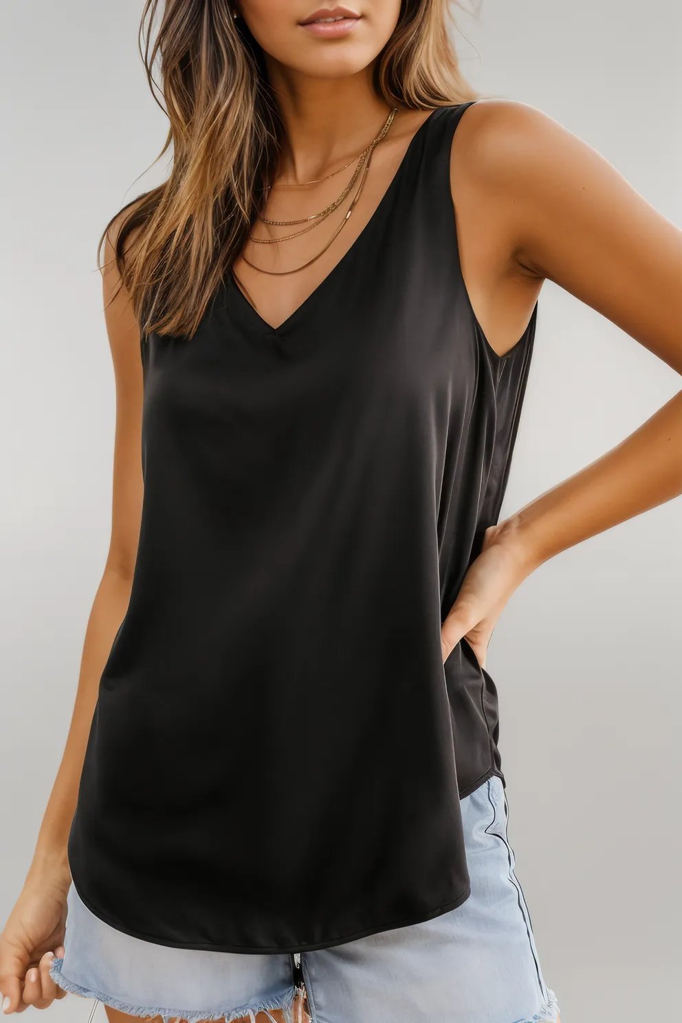 Black Deep V Neck Loose Tank Top