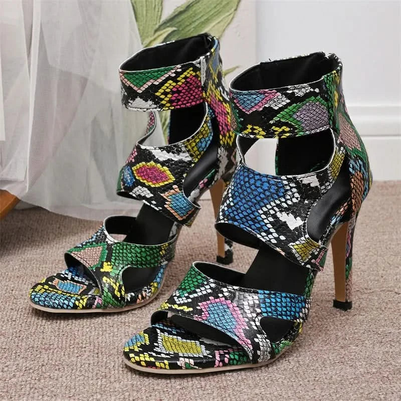Snake Print Strappy Stiletto Pumps