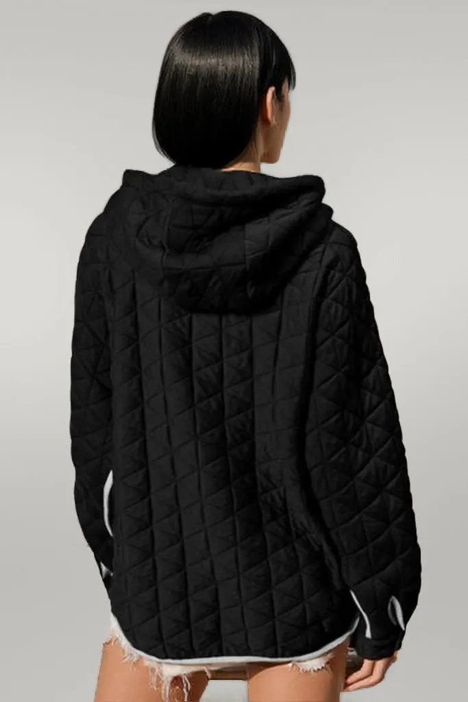 Double Take Contrast Trim Long Sleeve Half Snap Texture Hoodie with Pocket