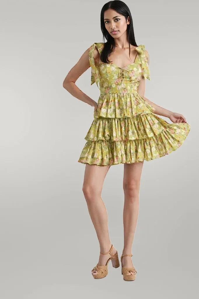 MABLE Floral Print Shoulder Tie Layered Mini Dress