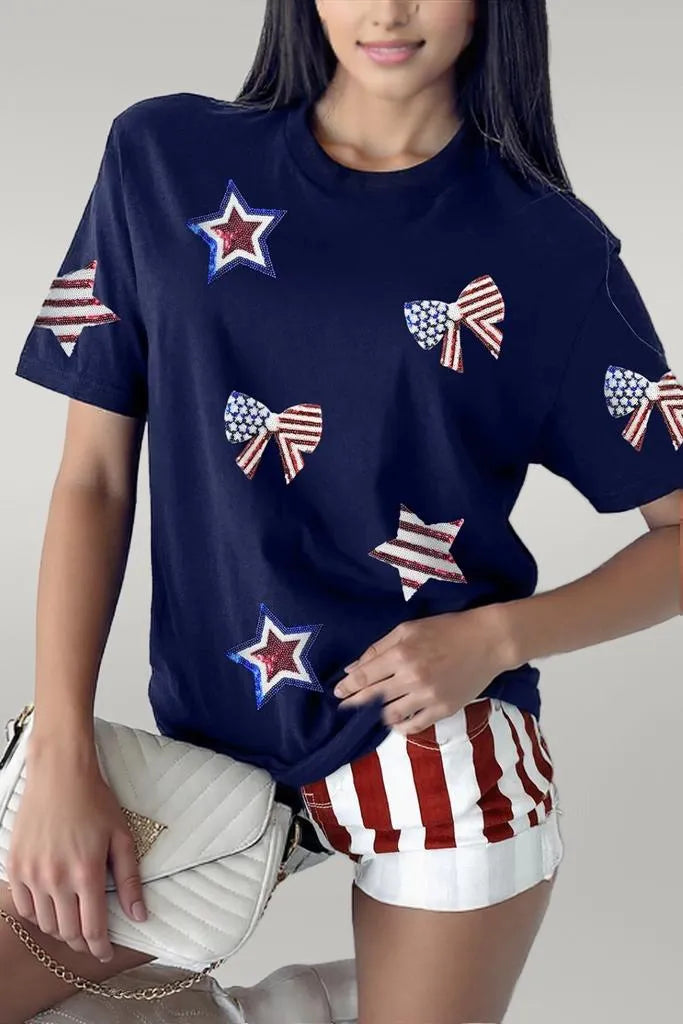 Sequin Star Round Neck Short Sleeve T-Shirt