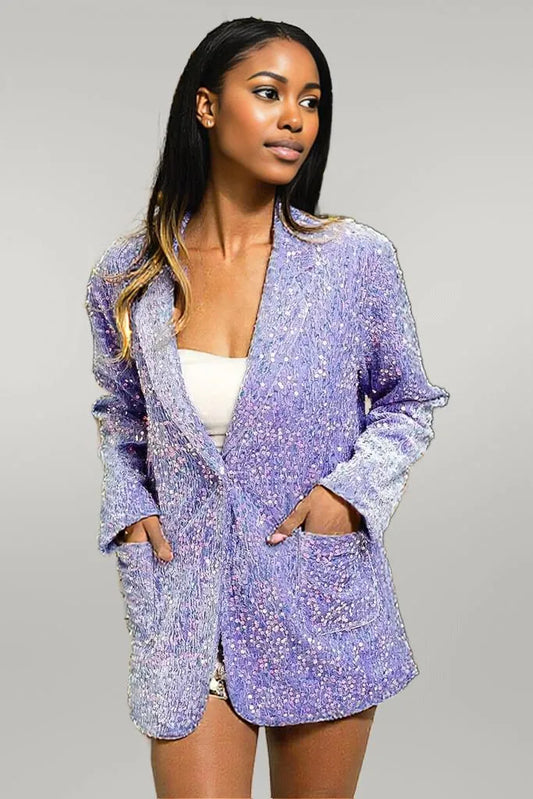 BiBi Velvet Sequins Patch Pockets Single Blazer