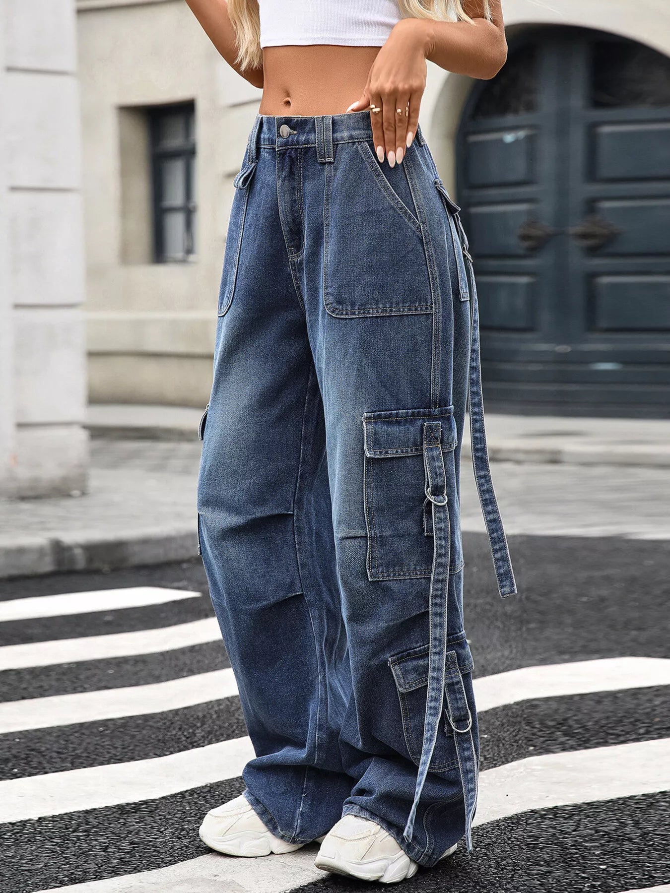 Wide Leg Cargo Jeans Blue