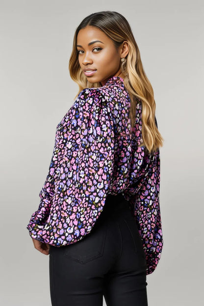 Double Take Full Size Printed Balloon Sleeve Shirt